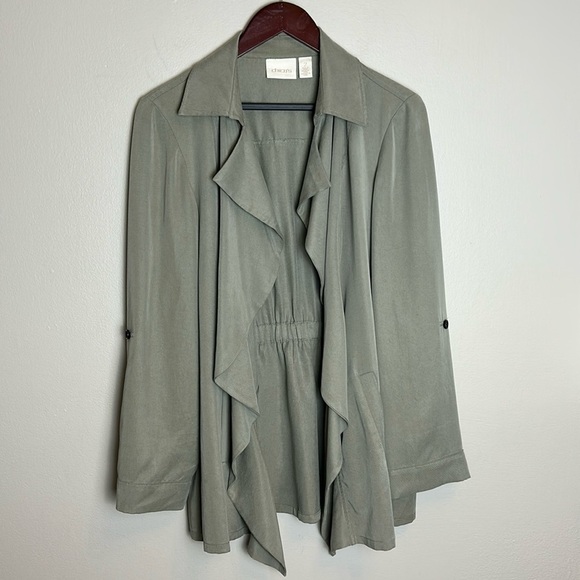Chicos Ruffle Open Front Waterfall Duster Olive Green Jacket Chico’s Sz 2 Large - Picture 4 of 14